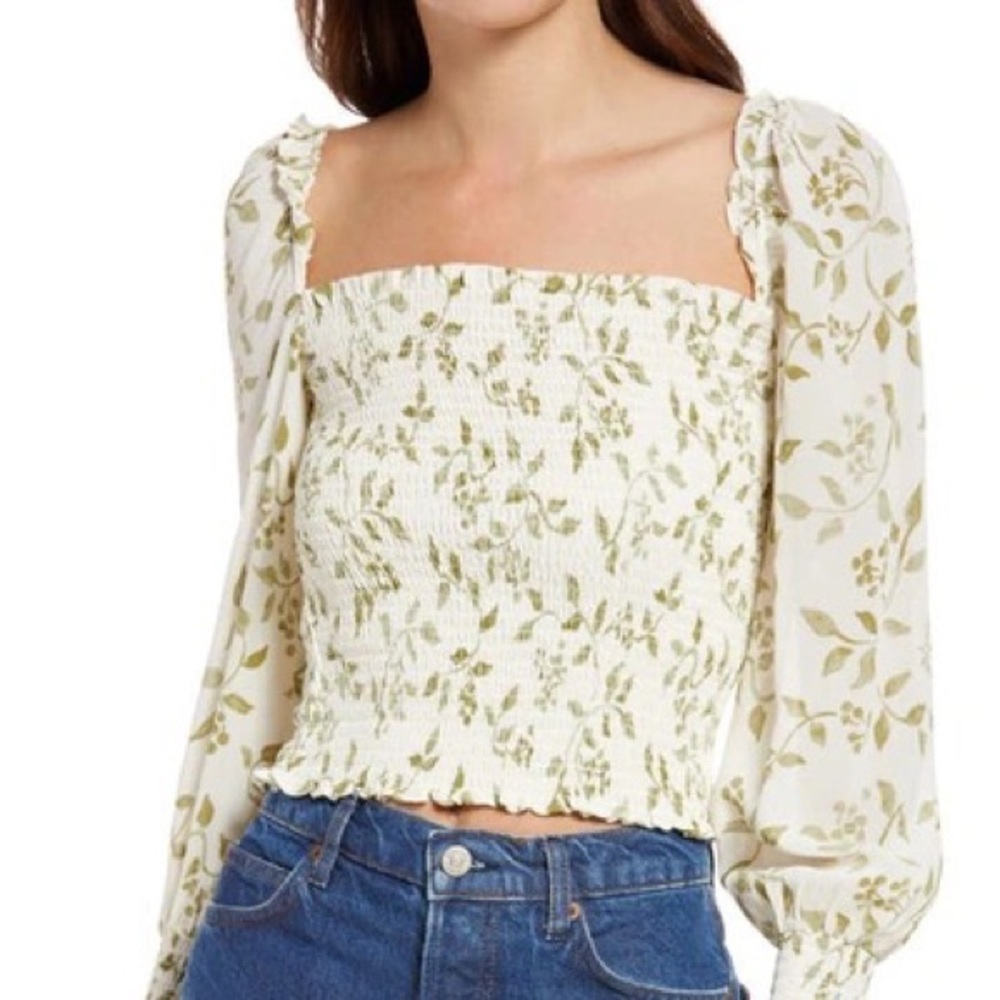 NWT Reformation Pinto Cypress Smocked Top Puff Sleeve Square Neck Blouse Size XL